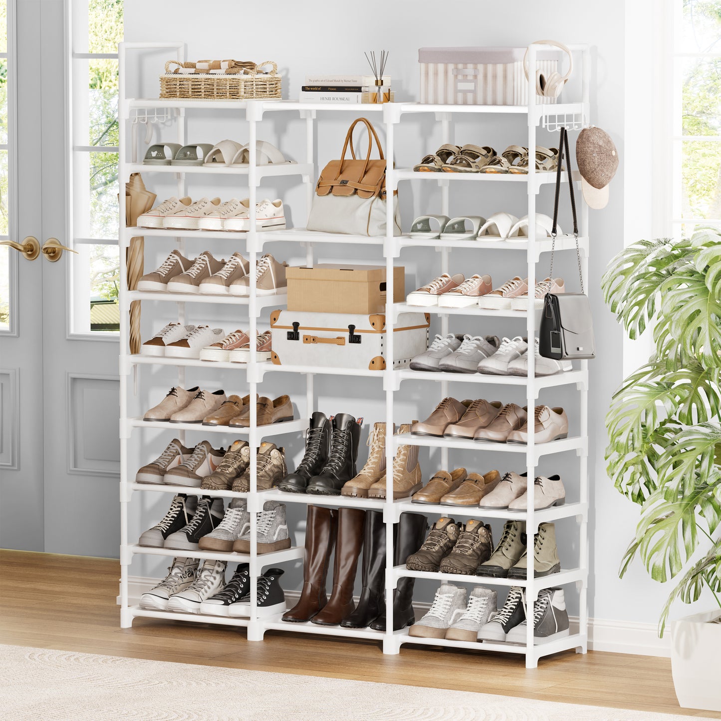 BGTREND 9 Tiers Large Shoe Rack 3 Columns Shoe Storage Organizer for Closet 50-55 Pairs Metal Shoe Tower Joinable Shoe Cabinet (62.25 inches, White)