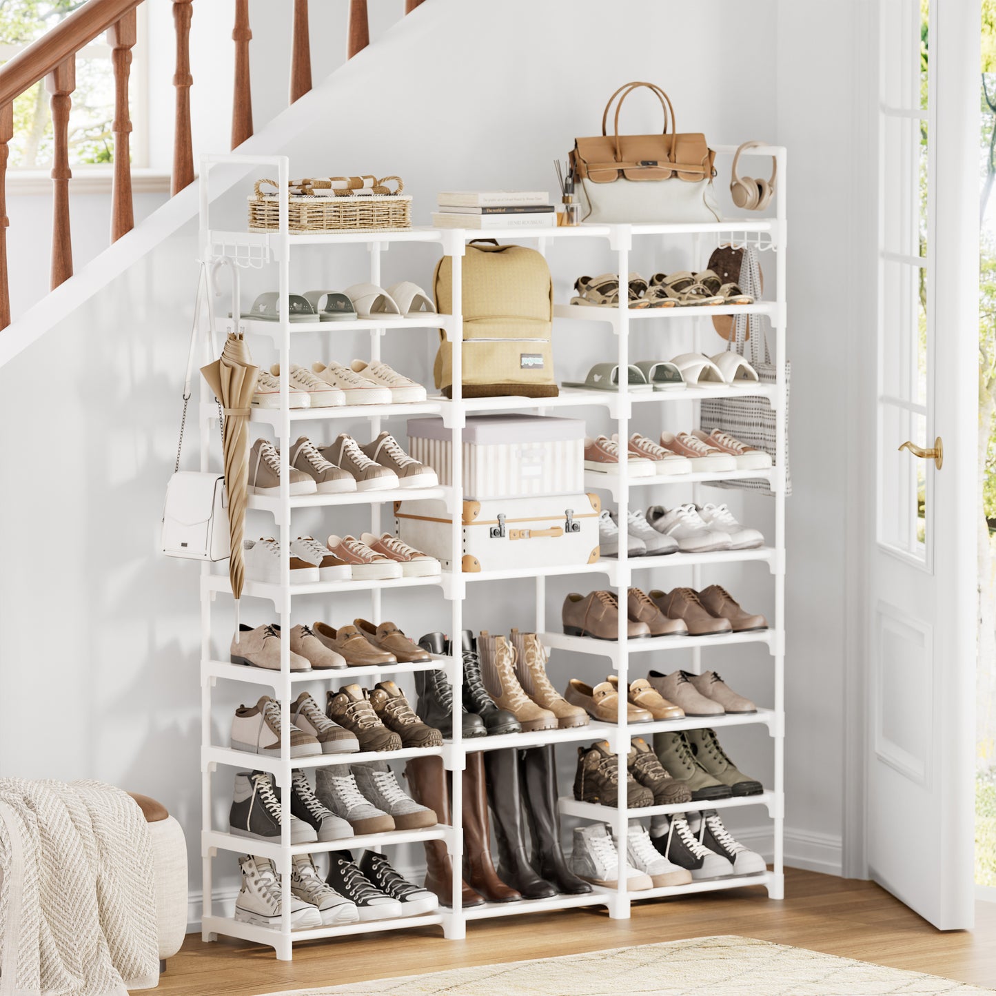 BGTREND 9 Tiers Large Shoe Rack 3 Columns Shoe Storage Organizer for Closet 50-55 Pairs Metal Shoe Tower Joinable Shoe Cabinet (62.25 inches, White)