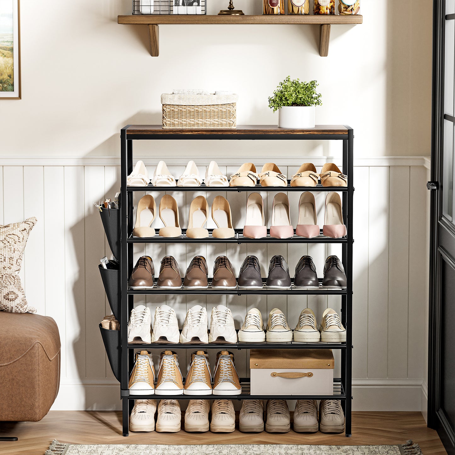 BGTREND 6-Tier Metal Shoe Rack Organizer with Wooden Top, 18-24 Pairs Shoe Storage Shelf for Entryway Hallway (39.17” Tall, Brown)