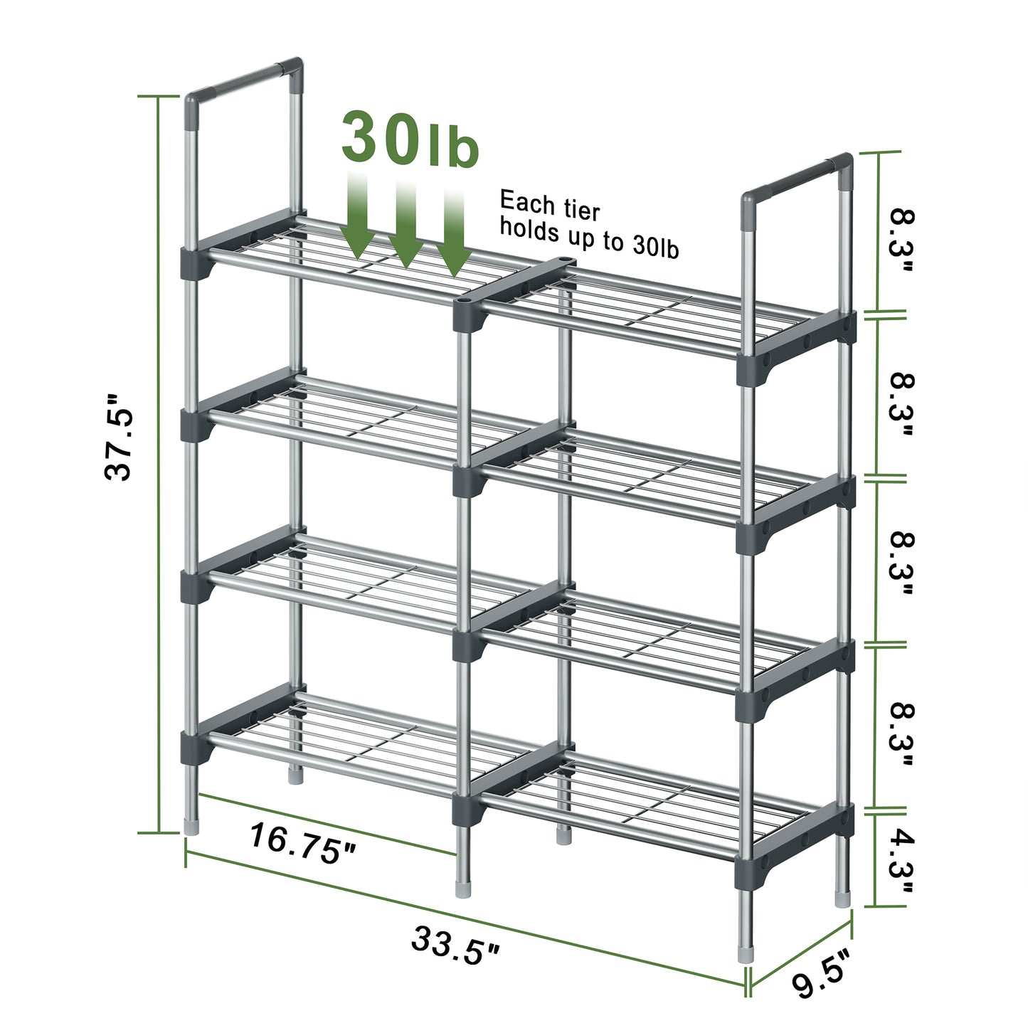 BGTREND 4 Tiers Shoe Rack 2 Columns Shoe Storage Organizer 16-20 Pairs Joinable Utility Metal Shoe Shelf for Entryway Hallway Closet (37.4 inches, Gray)