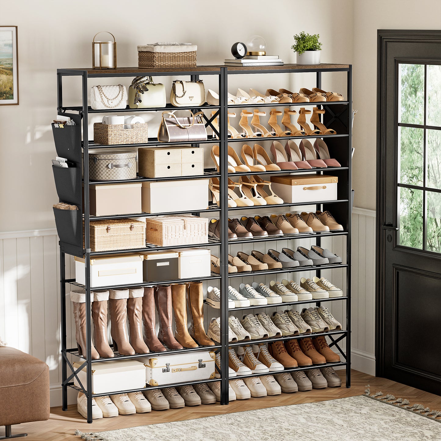 BGTREND 10-Tier Metal Shoe Rack Organizer with Wooden Top, 30-40 Pairs Shoe Storage Shelf for Entryway Hallway (65.67” Tall, Brown)