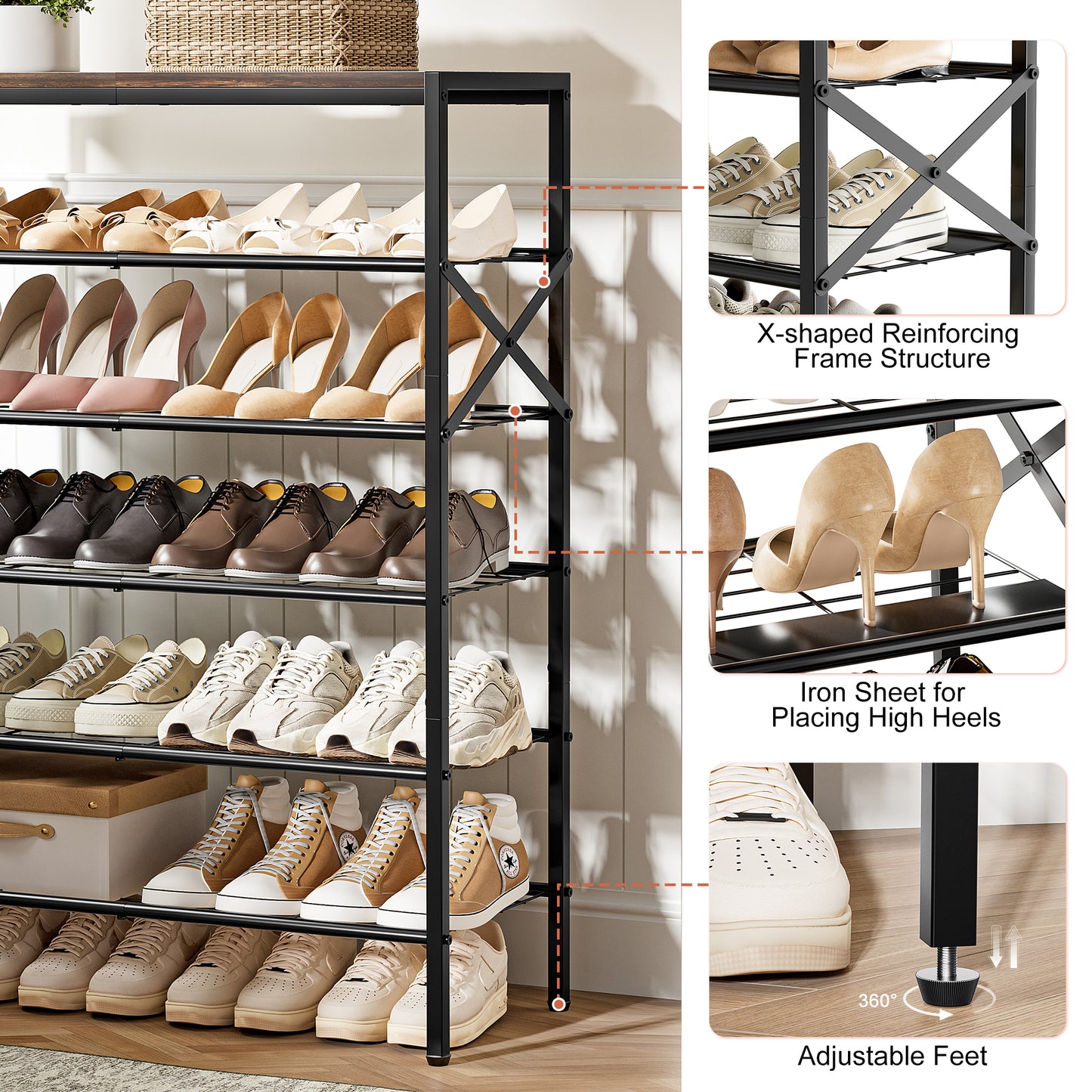 BGTREND 6-Tier Metal Shoe Rack Organizer with Wooden Top, 18-24 Pairs Shoe Storage Shelf for Entryway Hallway (39.17” Tall, Brown)