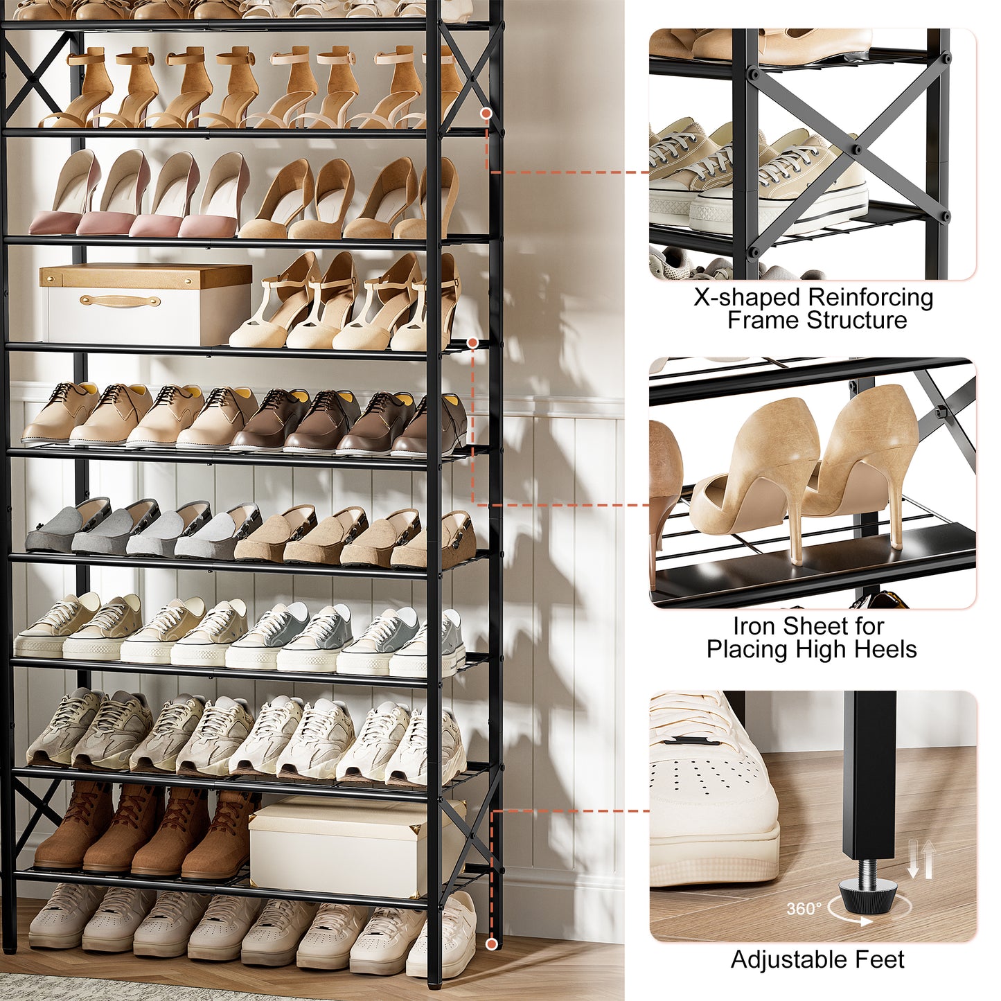 BGTREND 10-Tier Metal Shoe Rack Organizer with Wooden Top, 30-40 Pairs Shoe Storage Shelf for Entryway Hallway (65.67” Tall, Brown)