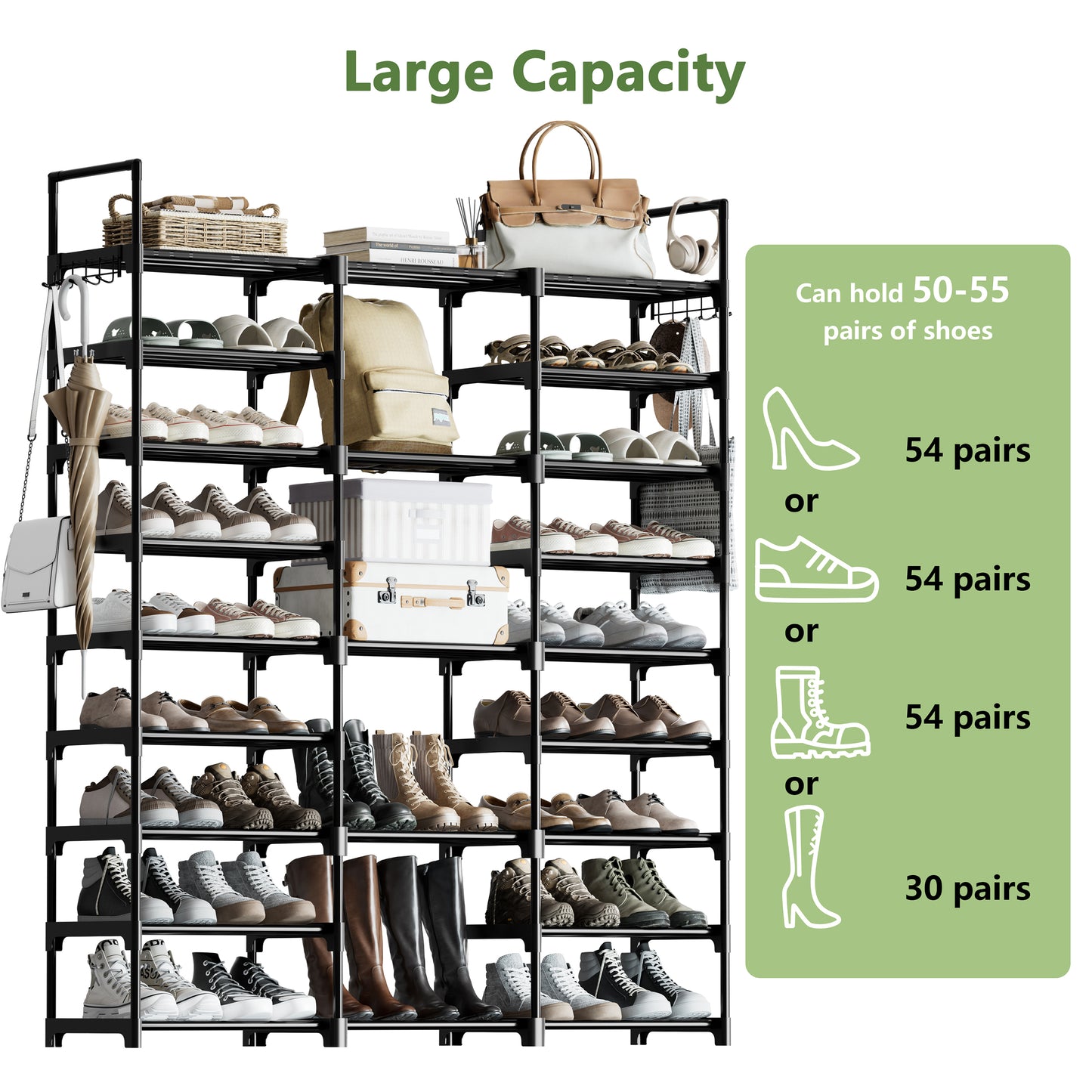 BGTREND 9 Tiers Large Shoe Rack 3 Columns Shoe Storage Organizer for Closet 50-55 Pairs Metal Shoe Tower Joinable Shoe Cabinet (62.25 inches, Black)