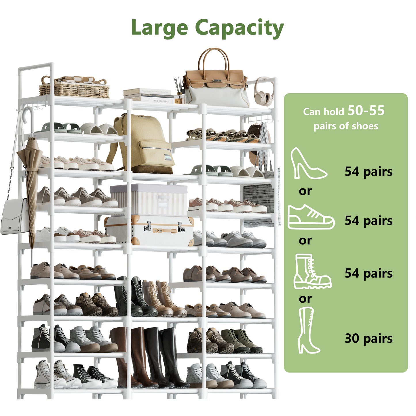 BGTREND 9 Tiers Large Shoe Rack 3 Columns Shoe Storage Organizer for Closet 50-55 Pairs Metal Shoe Tower Joinable Shoe Cabinet (62.25 inches, White)