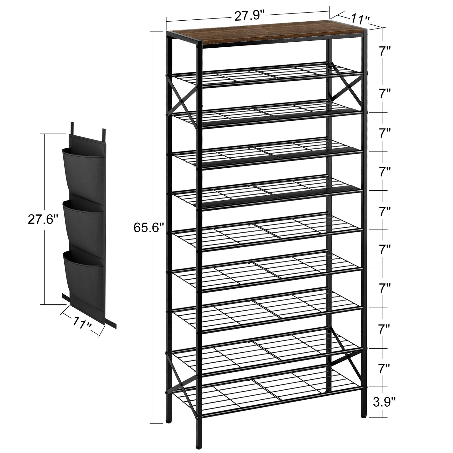 BGTREND 10-Tier Metal Shoe Rack Organizer with Wooden Top, 30-40 Pairs Shoe Storage Shelf for Entryway Hallway (65.67” Tall, Brown)