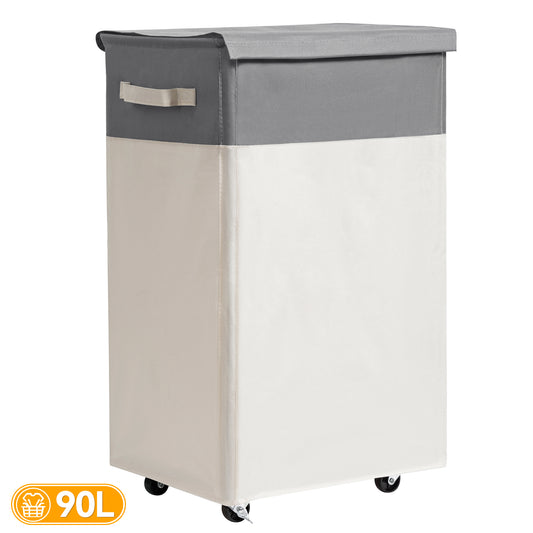 BGTREND 90L Laundry Hamper with Lid and Wheels Rolling Laundry Basket Collapsible Dirty Clothes Hamper for Bedroom Bathroom Closet (27.6 inches, Beige)