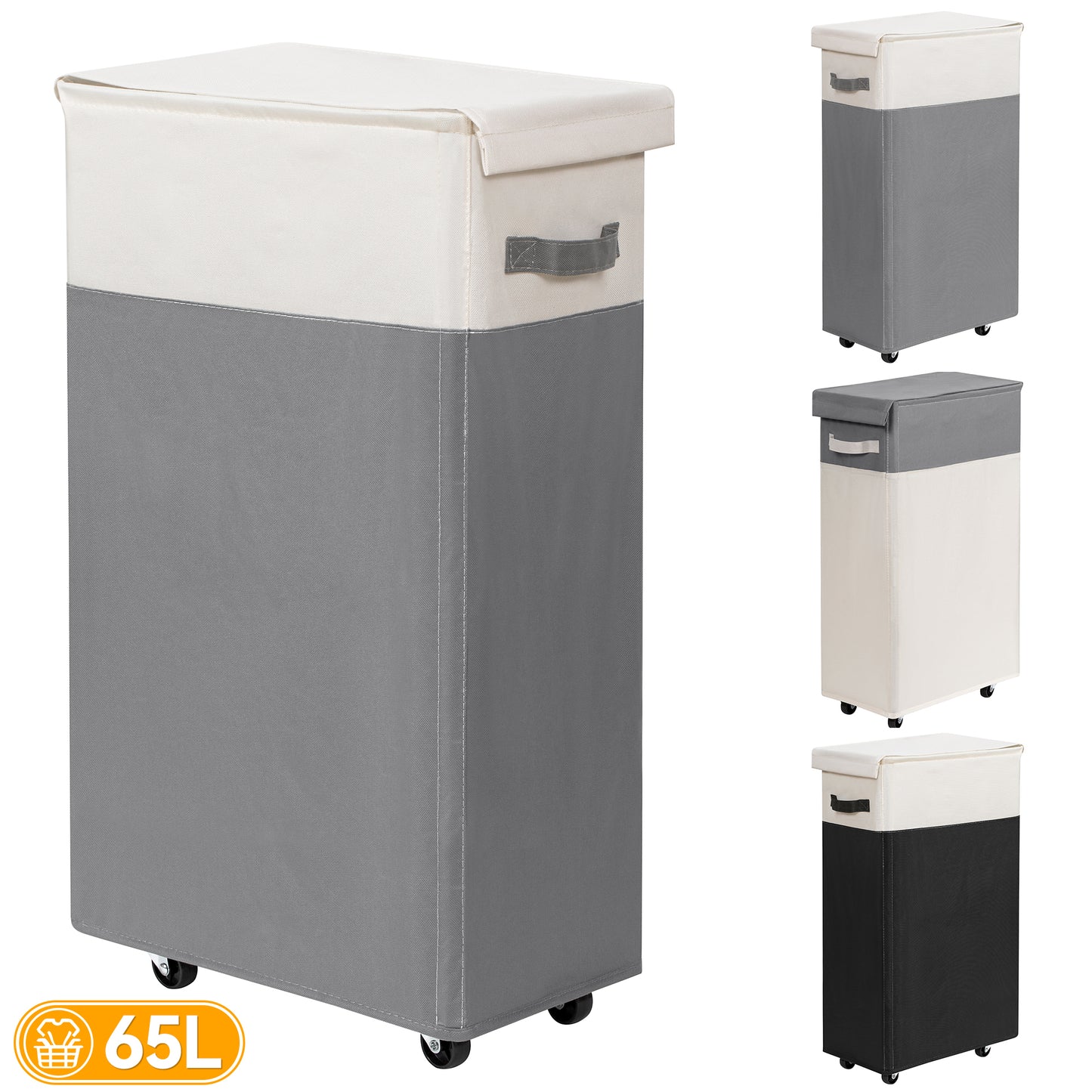 BGTREND 27.6’’ Tall & Slim Laundry Hamper with Lid 65L Rolling Laundry Hamper with Wheels Narrow Laundry Basket Collapsible Dirty Clothes Hamper (Gray&Beige)