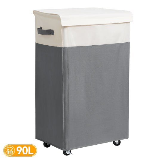 BGTREND 90L Laundry Hamper with Lid and Wheels Rolling Laundry Basket Collapsible Dirty Clothes Hamper for Bedroom Bathroom Closet (27.6 inches, Gray)