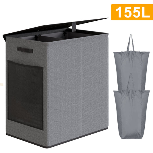 BGTREND Double Laundry Hamper with Lid 155L Laundry Basket with Removable Liner Bags & Side Mesh Pocket Collapsible Laundry Sorter Dirty Clothes Hamper (Dark Gray)