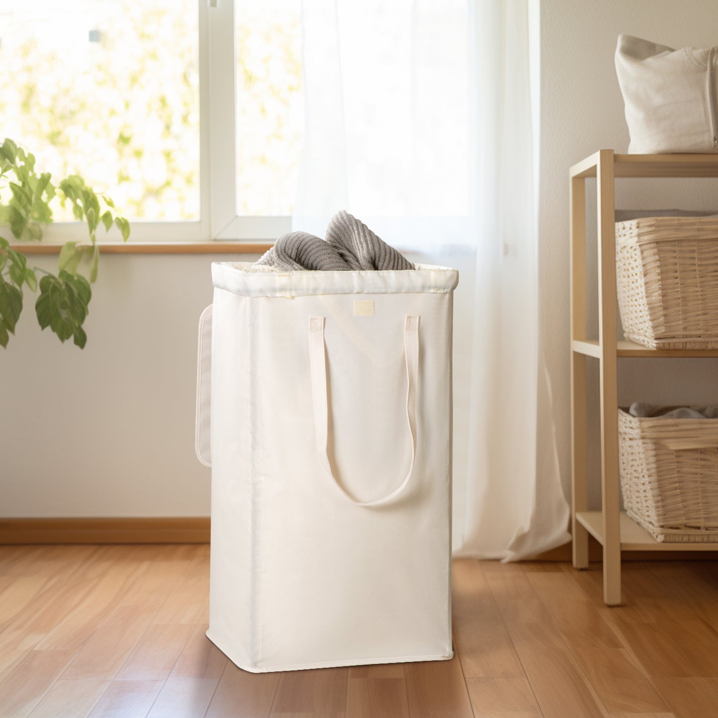 BGTREND Laundry Hamper with Lid 100L Collapsible Laundry Basket with 2 Removable Liner Bags Dirty Clothes Hamper with Long Handles Oxford (27.5 inches, Beige)