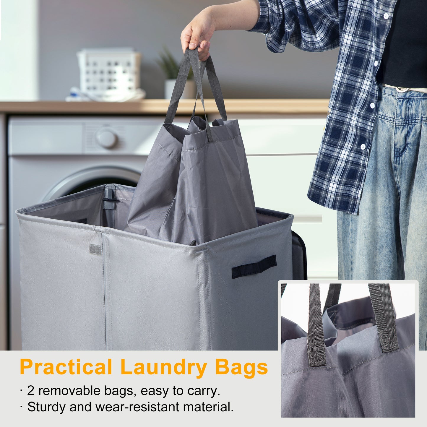 BGTREND Double Laundry Hamper with Lid 155L Laundry Basket with Removable Liner Bags & Side Mesh Pocket Collapsible Laundry Sorter Dirty Clothes Hamper (Gray)