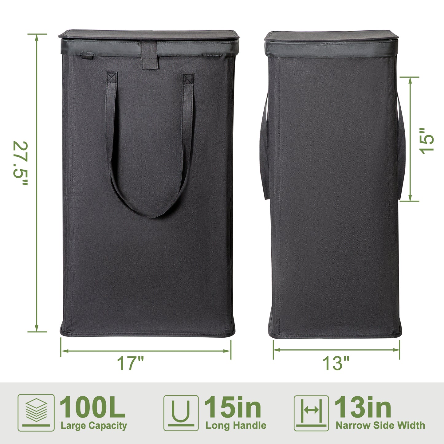 BGTREND Laundry Hamper with Lid 100L Collapsible Laundry Basket with 2 Removable Liner Bags Dirty Clothes Hamper with Long Handles Oxford (27.5 inches, Black)