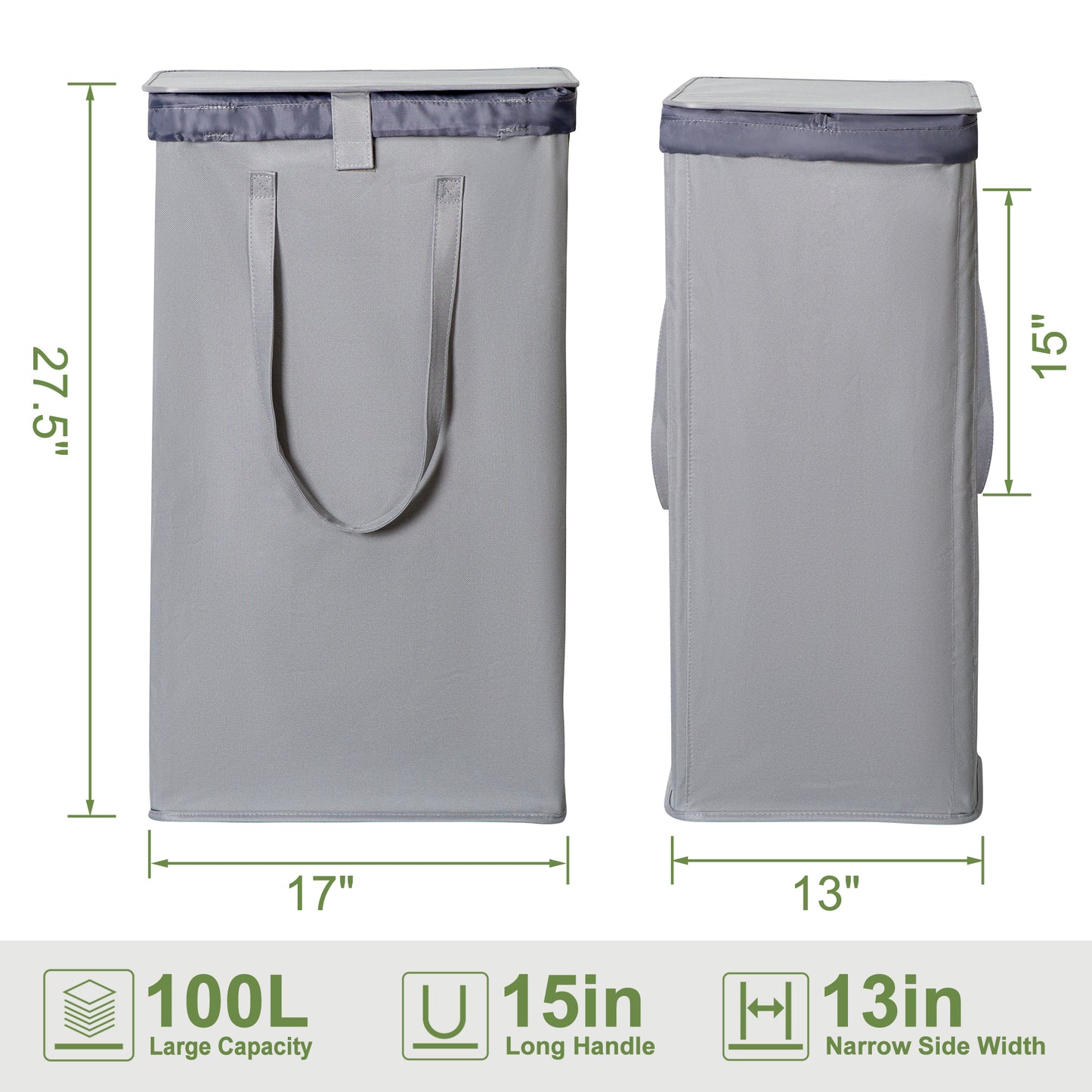 BGTREND Laundry Hamper with Lid 100L Collapsible Laundry Basket with 2 Removable Liner Bags Dirty Clothes Hamper with Long Handles Oxford (27.5 inches, Gray)