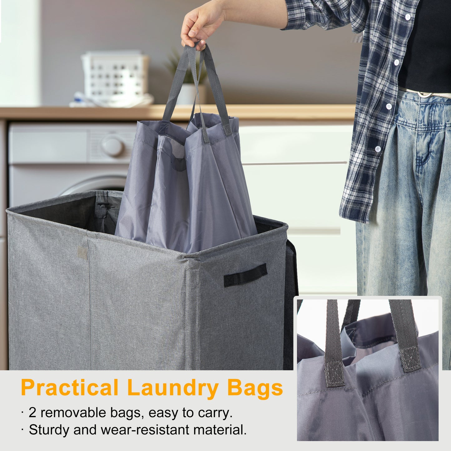 BGTREND Double Laundry Hamper with Lid 155L Laundry Basket with Removable Liner Bags & Side Mesh Pocket Collapsible Laundry Sorter Dirty Clothes Hamper (Dark Gray)