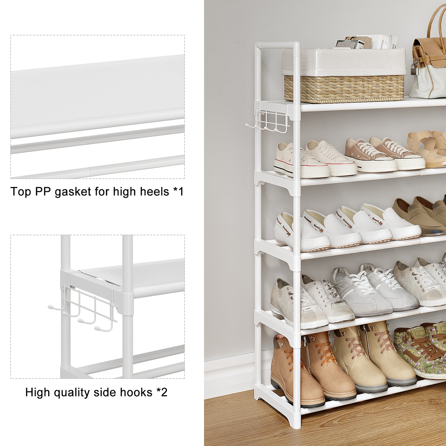 BGTREND 5 Tiers Shoe Rack Shoe Storage Organizer 15-20 Pairs Stackable Metal Shoe Shelf for Entryway Hallway Closet (33.5 inches, White)